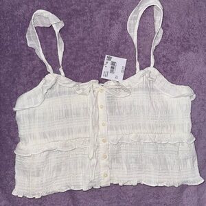 American Eagle Outfitters White Ruffle Button-Down Blouse